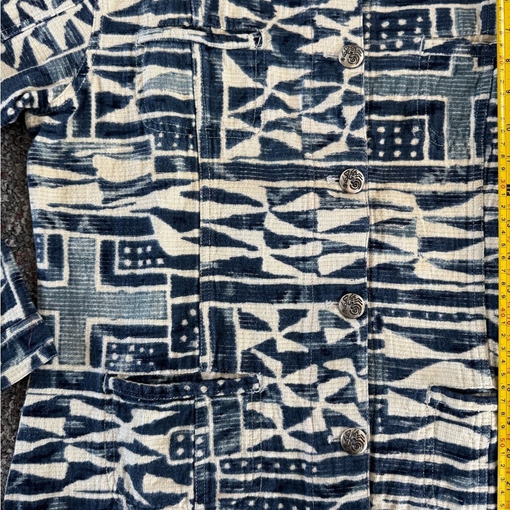 Chico's Cabazon Ddornment Indigo Blue and Cream Abstract Jacket Size 2 Baggy Wmn - Picture 2 of 9